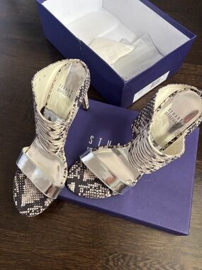 Stuart Weitzman Silver Metallic & Snakeskin-Pattern Stiletto Sandals